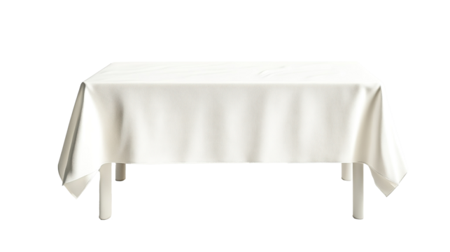 White and wavy cotton tablecloth covers the table isolated on transparent background. PNG