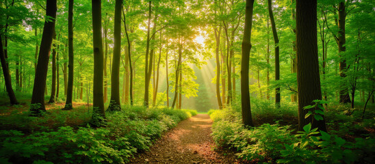 Fototapeta premium Forest with sun rays shining through green trees, lush summer foliage, beautiful nature, tranquil landscape, scenic trail, wellness, adventure, environment, eco design concept