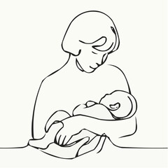 Obraz premium Mother and baby icon in minimalist line art style on light background 