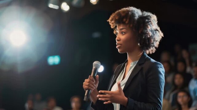 An individual passionately speaks to an attentive crowd, sharing insights and ideas on a relevant topic at a conference in a contemporary setting. The atmosphere is vibrant and energetic