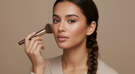 Woman with braided hair applying makeup with powder brush on beige background. Beauty routine portrait. Cosmetics and skincare concept. Image for poster, wallpaper, banner and advertisement