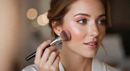 Woman applying face makeup with powder brush on bokeh background. Beauty routine portrait. Cosmetics and skincare concept. Image for banner, poster, wallpaper and beauty advertisement