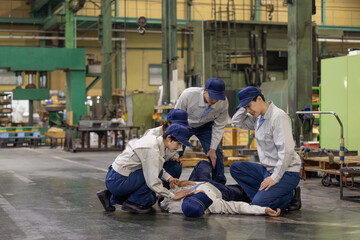 工場で倒れた作業員を救護するグループ