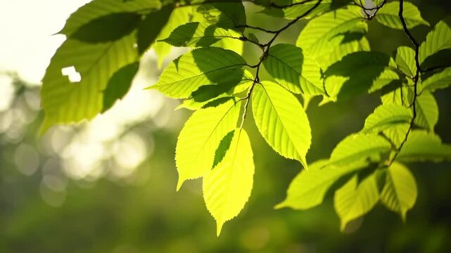 Green leaves on a tree branch illuminated by bright sunlight, showcasing nature's beauty and environmental concepts in a footage.