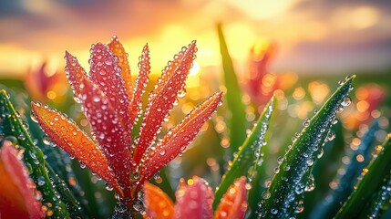 Dew-kissed orange-red flowers in vibrant sunrise