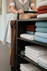 A close-up of a hotel housekeeper in a grey uniform with a white apron pushing a black housekeeping cart filled with neatly folded towels in various colors — white, red, green, blue. 