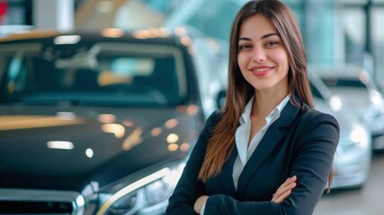 A skilled saleswoman stands confidently with her arms crossed in a modern car showroom filled with luxury vehicles. She exudes professionalism and charm