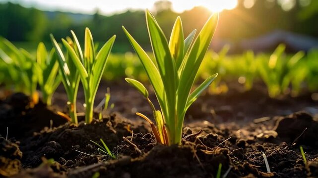 Rows of young green plants sprouting in rich brown soil, bathed in warm sunlight during early morning or late afternoon, soft focus on a bright sunny day.