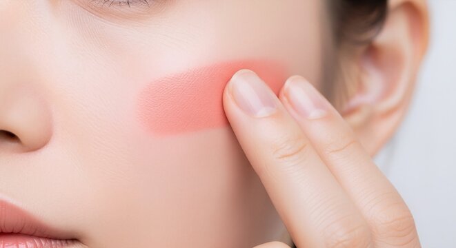 Fingers applying pink blush on cheek. Macro beauty close up. Makeup application and cosmetics concept. Image for banner, poster, wallpaper and advertisement