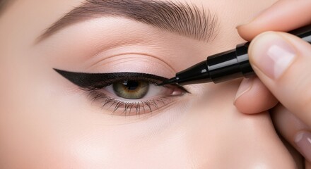 Applying black eyeliner with pen on eye. Macro beauty close up. Eye makeup and cosmetics concept. Image for banner, poster, wallpaper and advertisement