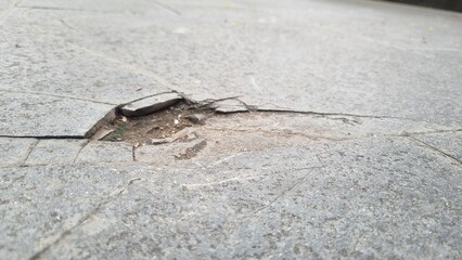 Cracked grey marble stone texture with dark fissures and detailed rough surface. Large crack in a tiled floor, in a urban slate road surface, suggesting structural damage.  Perfect for backgrounds.