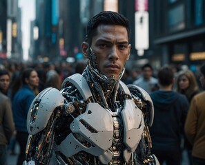 Futuristic Cyborg Man in Urban City   AI Soldier Meets Human Evolution , Human robot concept character , terminator style , robot , technology ,exo-skeleton