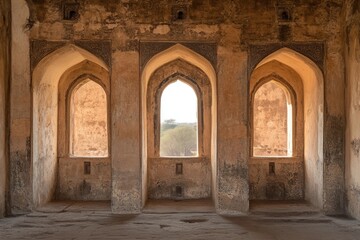 Fototapeta premium A photo of the inside of an ancient cathedral, a single window in front and three arched doorways on each side