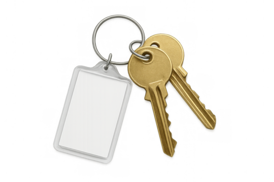 Golden keys linked on metal ring with blank white tag, suspended against transparent backdrop, waiting for personalized messaging