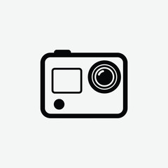 Simple black and white icon of an action camera in bold lines, featuring lens, display, and button. Perfect for tech, photography, or gadget-related designs.
