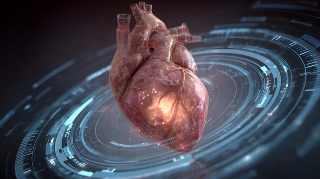 Holographic heart surrounded by data rings for future medical treatment