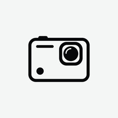 Simple black and white icon of an action camera in bold lines, featuring lens, display, and button. Perfect for tech, photography, or gadget-related designs.