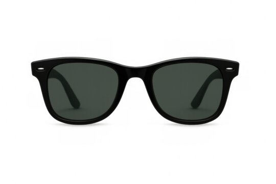 Stylish black sunglasses with dark green lenses provide protection from the sun with transparent background