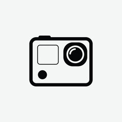 Simple black and white icon of an action camera in bold lines, featuring lens, display, and button. Perfect for tech, photography, or gadget-related designs.