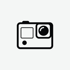 Simple black and white icon of an action camera in bold lines, featuring lens, display, and button. Perfect for tech, photography, or gadget-related designs.