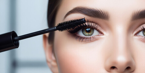 Woman applying mascara to eyelashes. Macro beauty close up on blurred background. Eye makeup and cosmetics concept. Image for banner, poster, wallpaper and advertisement