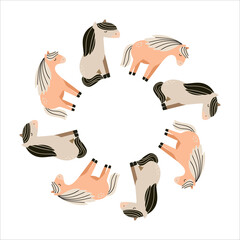 Cute vector illustration of cartoon horses arranged in a round frame. Isolated on a white background. Perfect for children's designs, prints, stickers, cards and nursery decor.