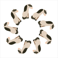 Cute vector illustration of cartoon horses arranged in a round frame. Isolated on a white background. Perfect for children's designs, prints, stickers, cards and nursery decor.