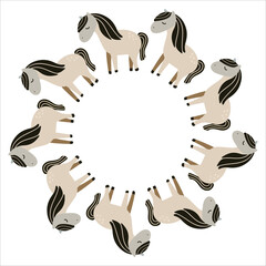 Cute vector illustration of cartoon horses arranged in a round frame. Isolated on a white background. Perfect for children's designs, prints, stickers, cards and nursery decor.