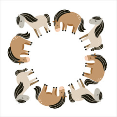 Cute vector illustration of cartoon horses arranged in a round frame. Isolated on a white background. Perfect for children's designs, prints, stickers, cards and nursery decor.