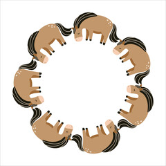 Cute vector illustration of cartoon horses arranged in a round frame. Isolated on a white background. Perfect for children's designs, prints, stickers, cards and nursery decor.