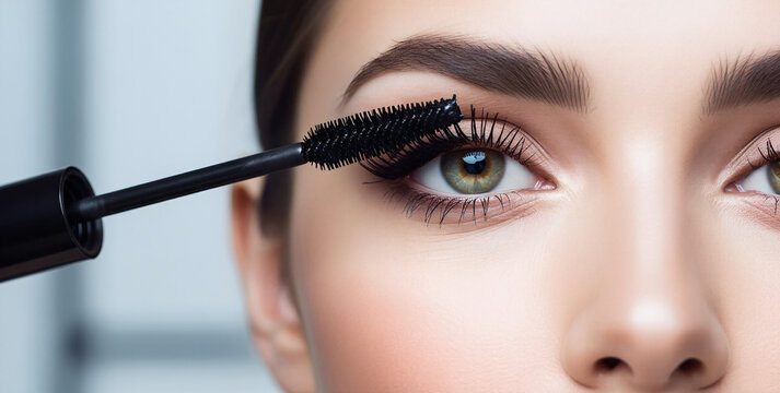 Woman applying mascara to eyelashes. Macro beauty close up on blurred background. Eye makeup and cosmetics concept. Image for banner, poster, wallpaper and advertisement