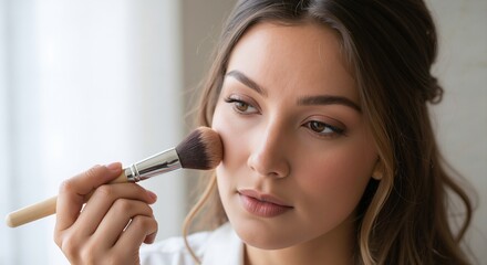 Woman applying makeup with brush on cheek. Portrait on blurred background. Beauty and cosmetics concept. Image for banner, poster, wallpaper and advertisement