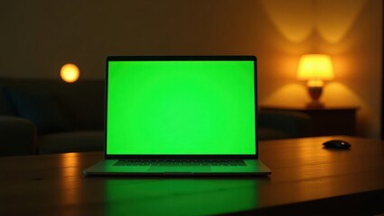 A sleek, futuristic laptop screen radiates a vibrant, electric green chroma key glow, situated on a polished, dark wood desk in a dimly lit, contemporary room, where warm, golden ambient light emanate