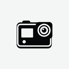 Simple black and white icon of an action camera in bold lines, featuring lens, display, and button. Perfect for tech, photography, or gadget-related designs.