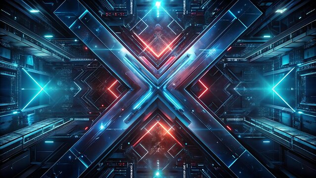 Futuristic abstract X shape in digital environment representing intersection of technology, AI pathways, and data processing.