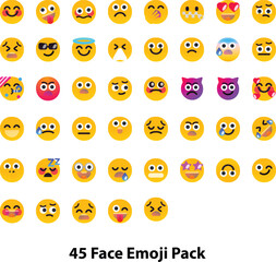 Face vector Emoji Pack: A diverse collection of 45 unique and expressive vector face emojis, showcasing a wide range of emotions and expressions.