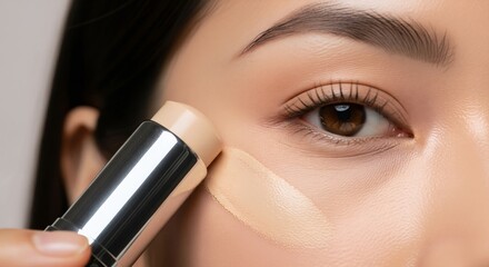 Applying concealer stick under eye area. Macro beauty close up. Makeup application and skincare concept. Image for banner, poster, wallpaper and advertisement