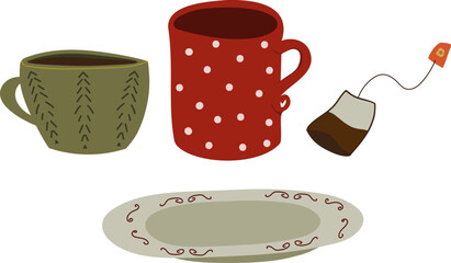Vector set of isolated cartoon hot beverage elements including a green mug, a red polka dot mug, a tea bag, and a decorative plate. Ideal for kitchen, cozy, or cafe-themed designs.