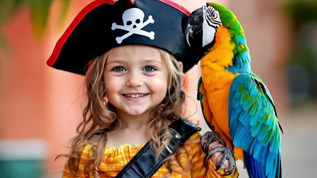 A little girl in a pirate costume holding a parrot on her arm