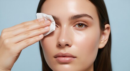 Woman degreasing skin with a special cleansing wipe on beige background. Skincare cleansing routine. Beauty and skin preparation concept. Image for banner, poster. Portrait with copy space.