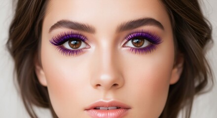 Fototapeta premium Woman with purple mascara makeup portrait on gray background. Studio beauty close up. Eye makeup and cosmetics concept. Image for banner, poster, wallpaper and advertisement. Portrait with copy space