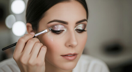 Woman applying glitter eyeshadow with brush on gray background. Studio portrait. Eye makeup and cosmetics concept. Image for banner, poster, wallpaper and advertisement