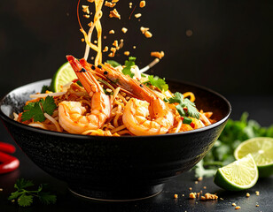 AI generated authentic thai pad thai with fresh shrimp and vibrant ingredients falling into ornate thai bowl stir fried noodles sweet savory tamarind sauce street food