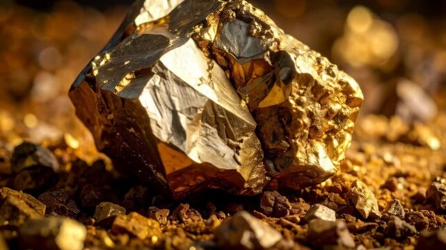 Gleaming gold nugget resting on rich ore surface, showcasing rough texture and valuable mineral deposit, geological treasure discovery, raw material