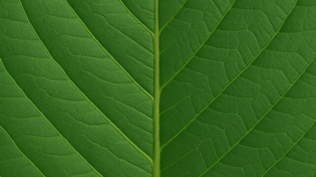 Macro hyperlapse of a leaf showing perfect symmetry and vivid vein structure found in natural foliage patterns.
