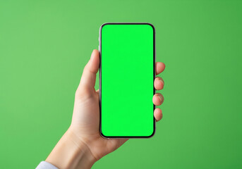Hand holding smartphone with green screen background