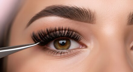 Applying false eyelash extensions with tweezers. Macro beauty close up. Lash extension service and beauty treatment concept. Image for banner, poster, wallpaper and advertisement