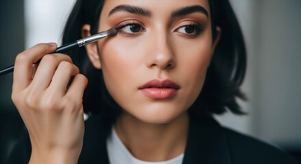 Business woman applying eye makeup with brush wearing black suit. Studio portrait showing makeup application. Professional beauty and corporate style concept.