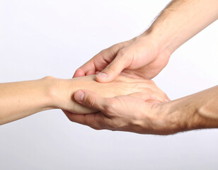manos de hombre fisioterapeuta dando un masaje a una mano de mujer sobre fondo blanco