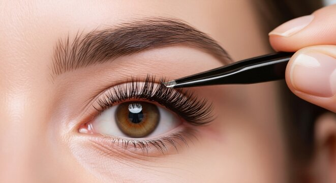 Applying false eyelash extensions with tweezers. Macro beauty close up. Lash extension service and beauty treatment concept. Image for banner, poster, wallpaper and advertisement